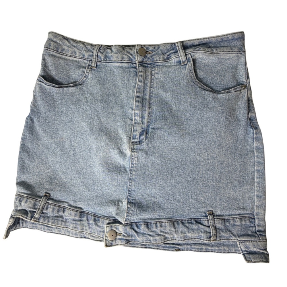 TGLA Aria Denim Mini Skirt‎ Light Blue Wash Asymmetrical Foldover Bottom Hem-L
